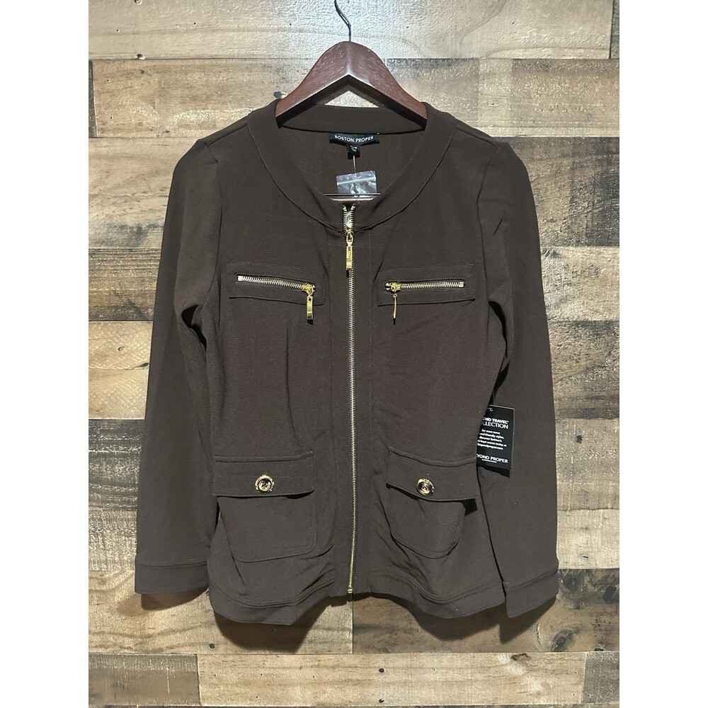 boston proper brown jacket gold zip spandex beyond travel Medium NWT
